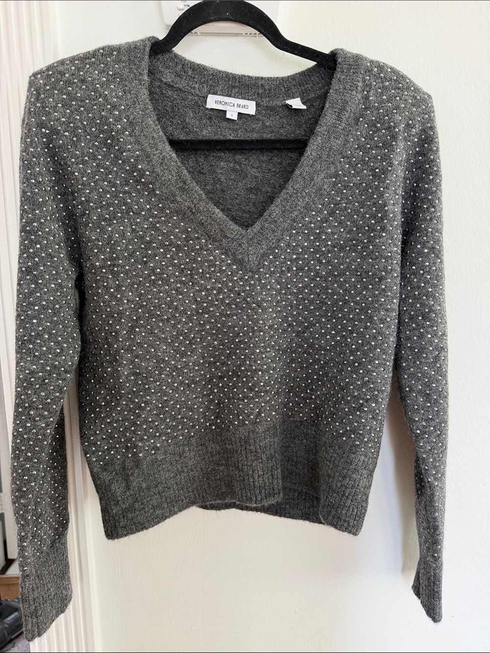 Veronica Beard Dark Charcoal V-Neck Sweater with Silver Studs